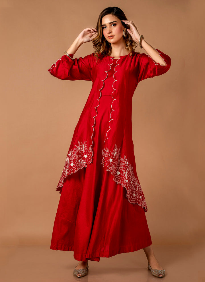 Red Chanderi Gown Set