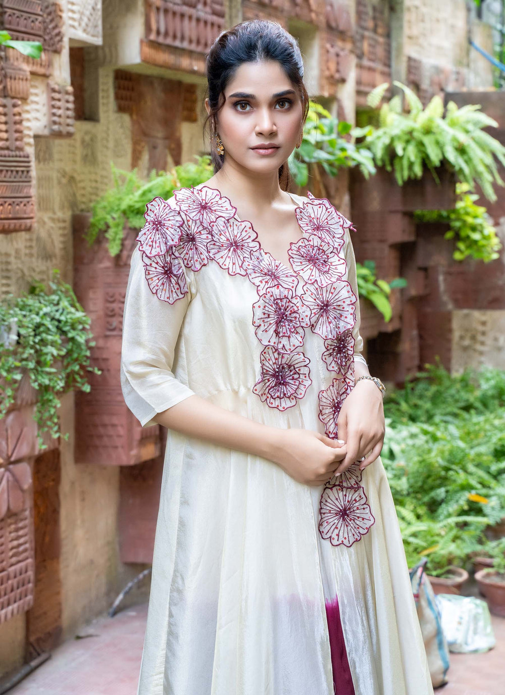 Maroon Shaded Dress With Asymmetrical Tissue Jacket - 2