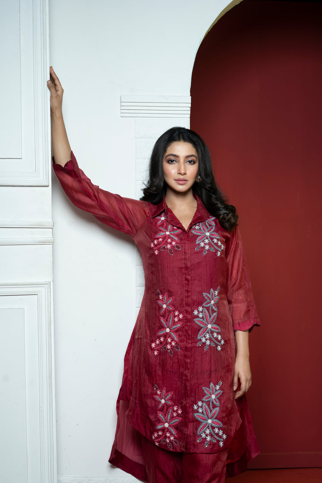 Crimson Maroon Tissue Tunic Set