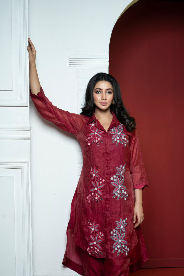 Crimson Maroon Tissue Tunic Set