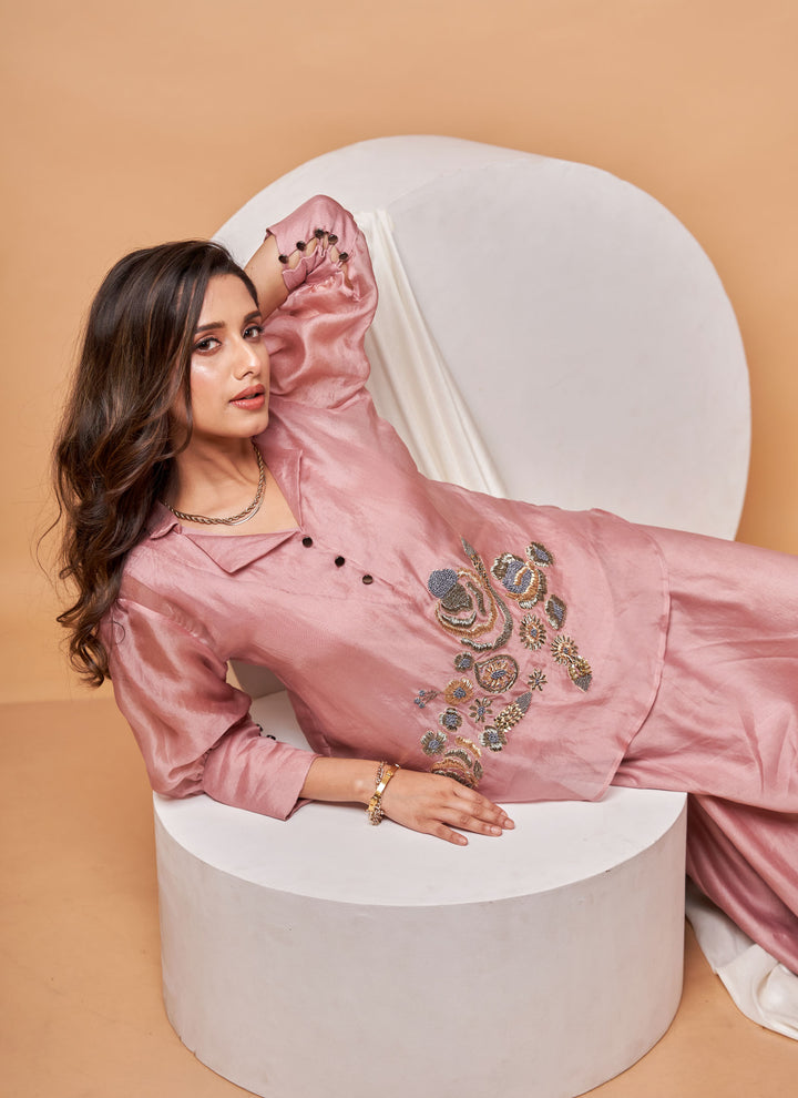 Blush Zardozi Skirt Set – blush pink organza zardozi shirt with chanderi skirt | House of Moyra