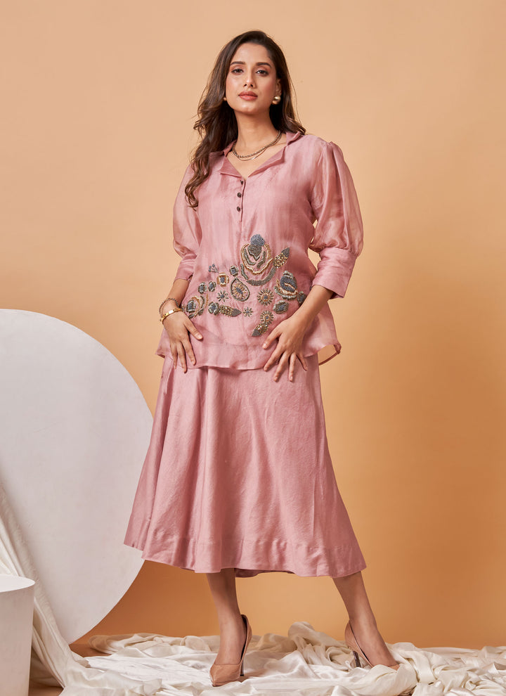Blush Zardozi Skirt Set – blush pink organza zardozi shirt with chanderi skirt, view 2