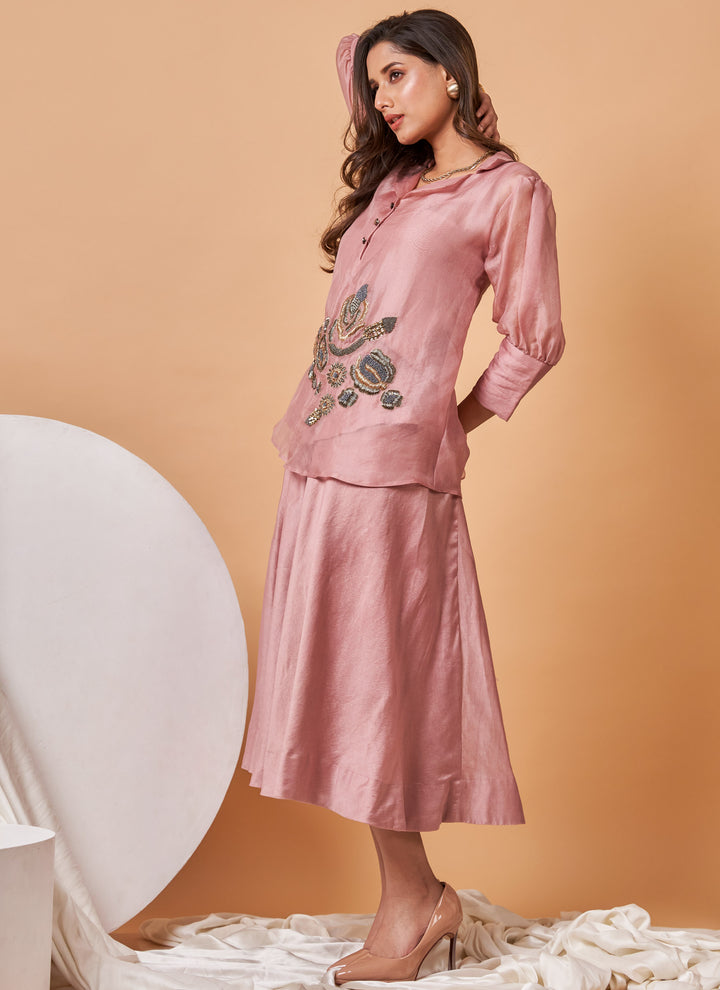 Blush Zardozi Skirt Set – blush pink organza zardozi shirt with chanderi skirt, view 3