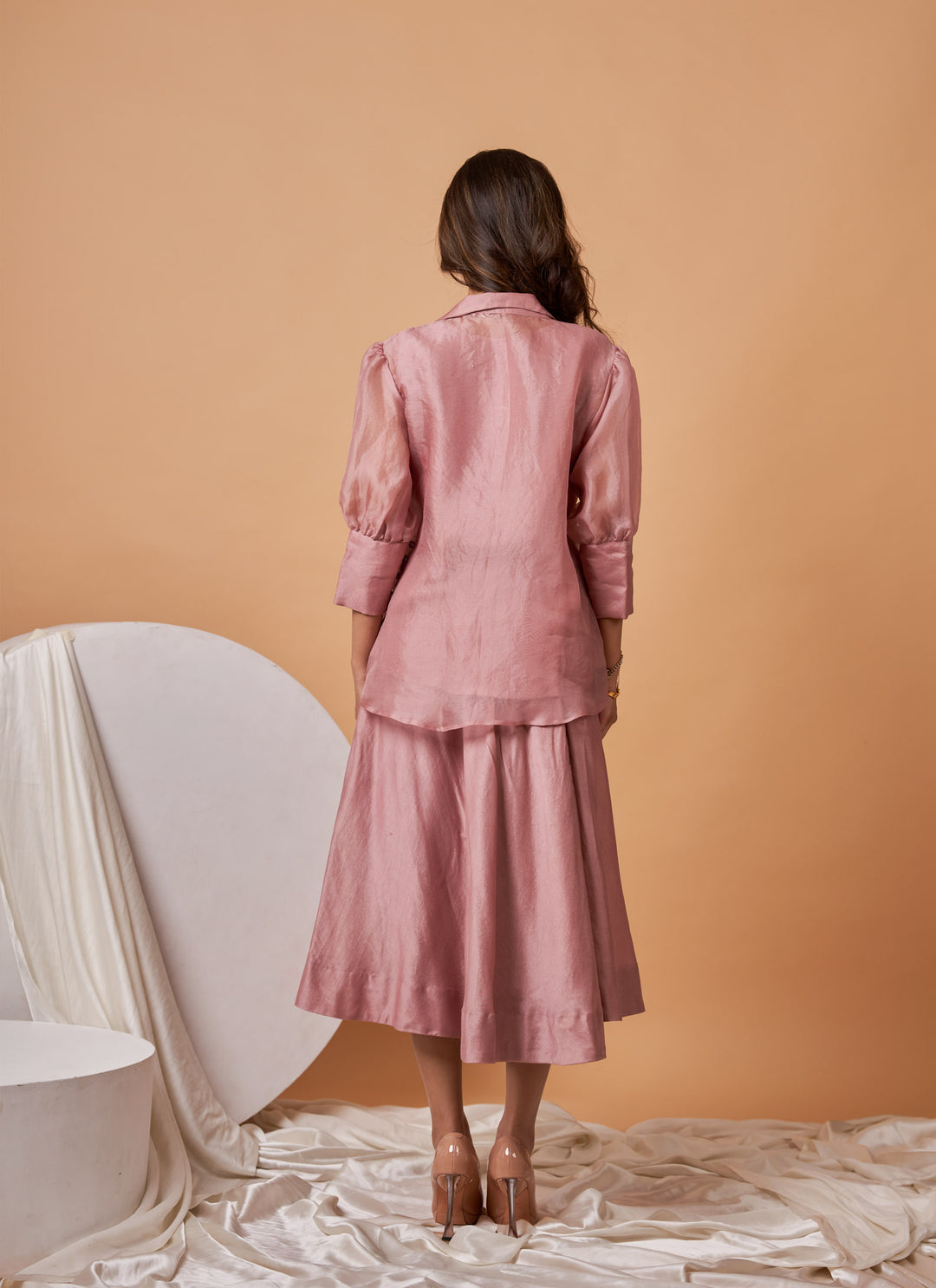 Blush Zardozi Skirt Set – blush pink organza zardozi shirt with chanderi skirt, view 4