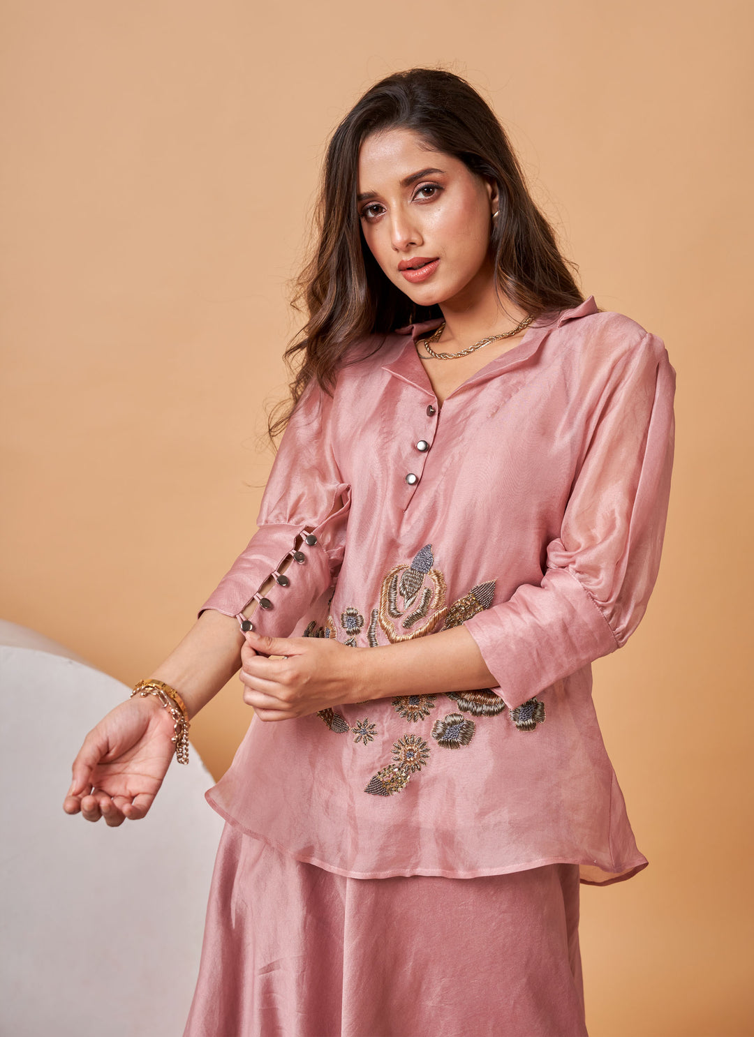 Blush Zardozi Skirt Set – blush pink organza zardozi shirt with chanderi skirt, view 5