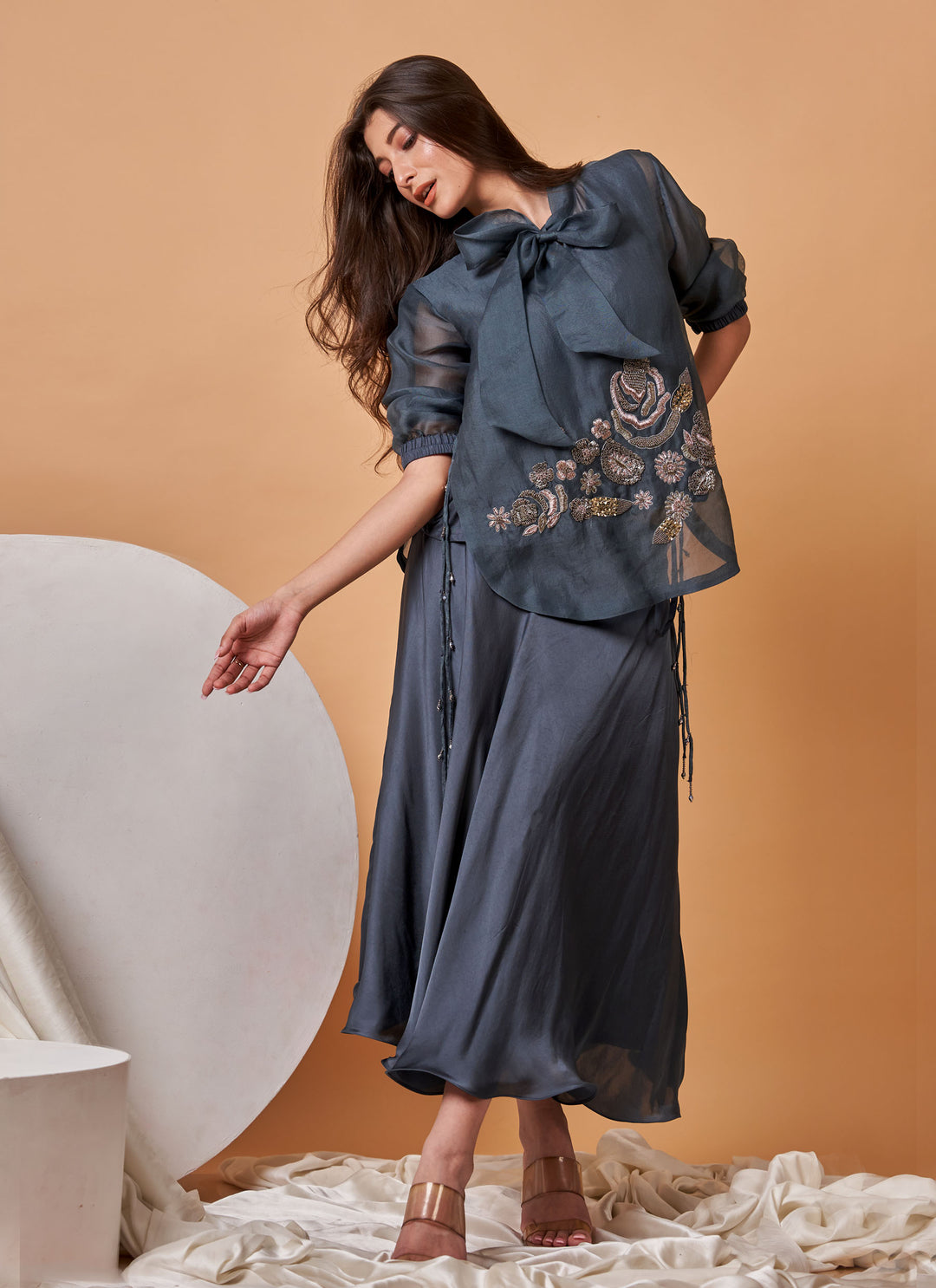 Charcoal Zardozi Skirt Set – charcoal grey bow-collar organza top with satin skirt | House of Moyra