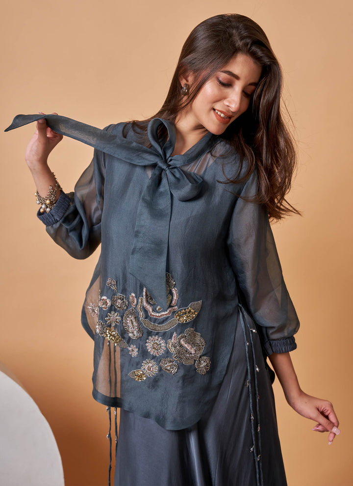 Charcoal Zardozi Skirt Set – charcoal grey bow-collar organza top with satin skirt, view 2