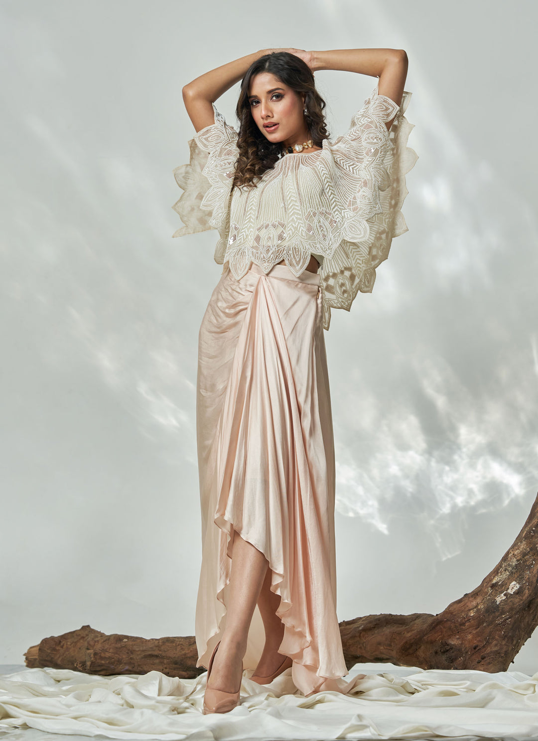 Ivory Chandni Cutwork Cape Set – blush cream hand-embroidered organza cape with satin drape skirt | House of Moyra