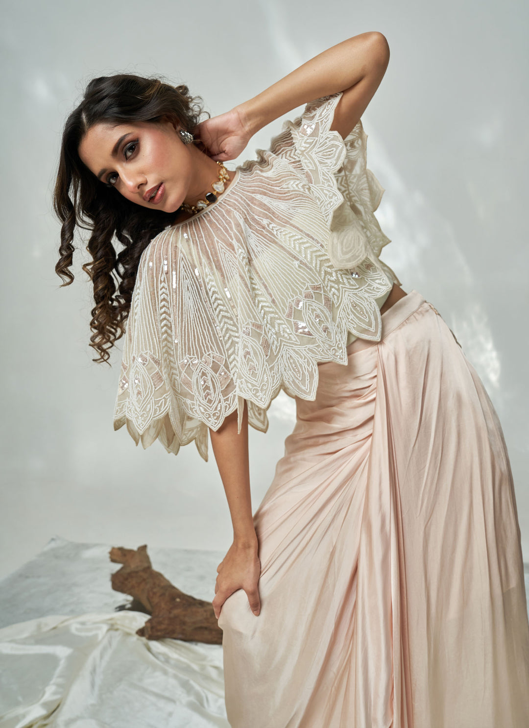Ivory Chandni Cutwork Cape Set – blush cream hand-embroidered organza cape with satin drape skirt, view 2