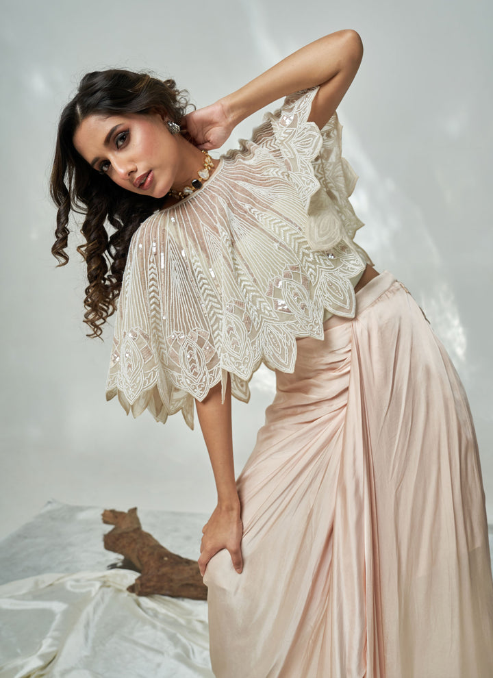 Ivory Chandni Cutwork Cape Set – blush cream hand-embroidered organza cape with satin drape skirt, view 2