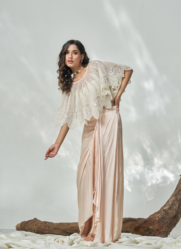Ivory Chandni Cutwork Cape Set – blush cream hand-embroidered organza cape with satin drape skirt, view 3