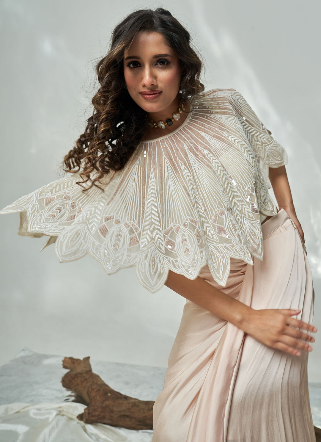 Ivory Chandni Cutwork Cape Set – blush cream hand-embroidered organza cape with satin drape skirt, view 4