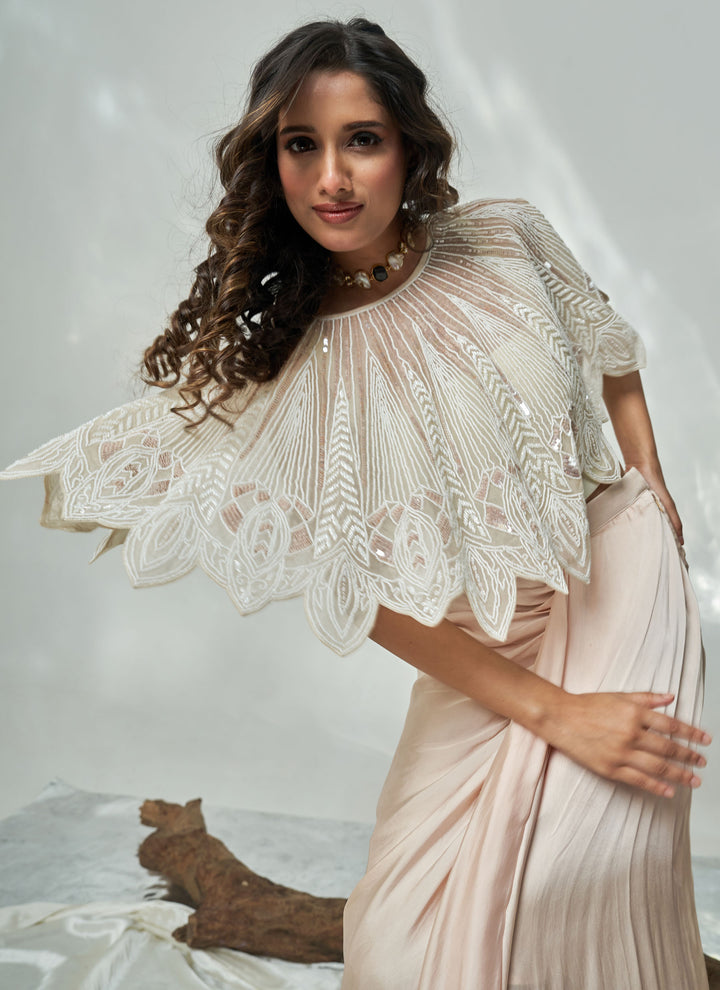 Ivory Chandni Cutwork Cape Set – blush cream hand-embroidered organza cape with satin drape skirt, view 4