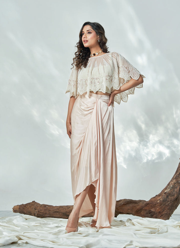 Ivory Chandni Cutwork Cape Set – blush cream hand-embroidered organza cape with satin drape skirt, view 5