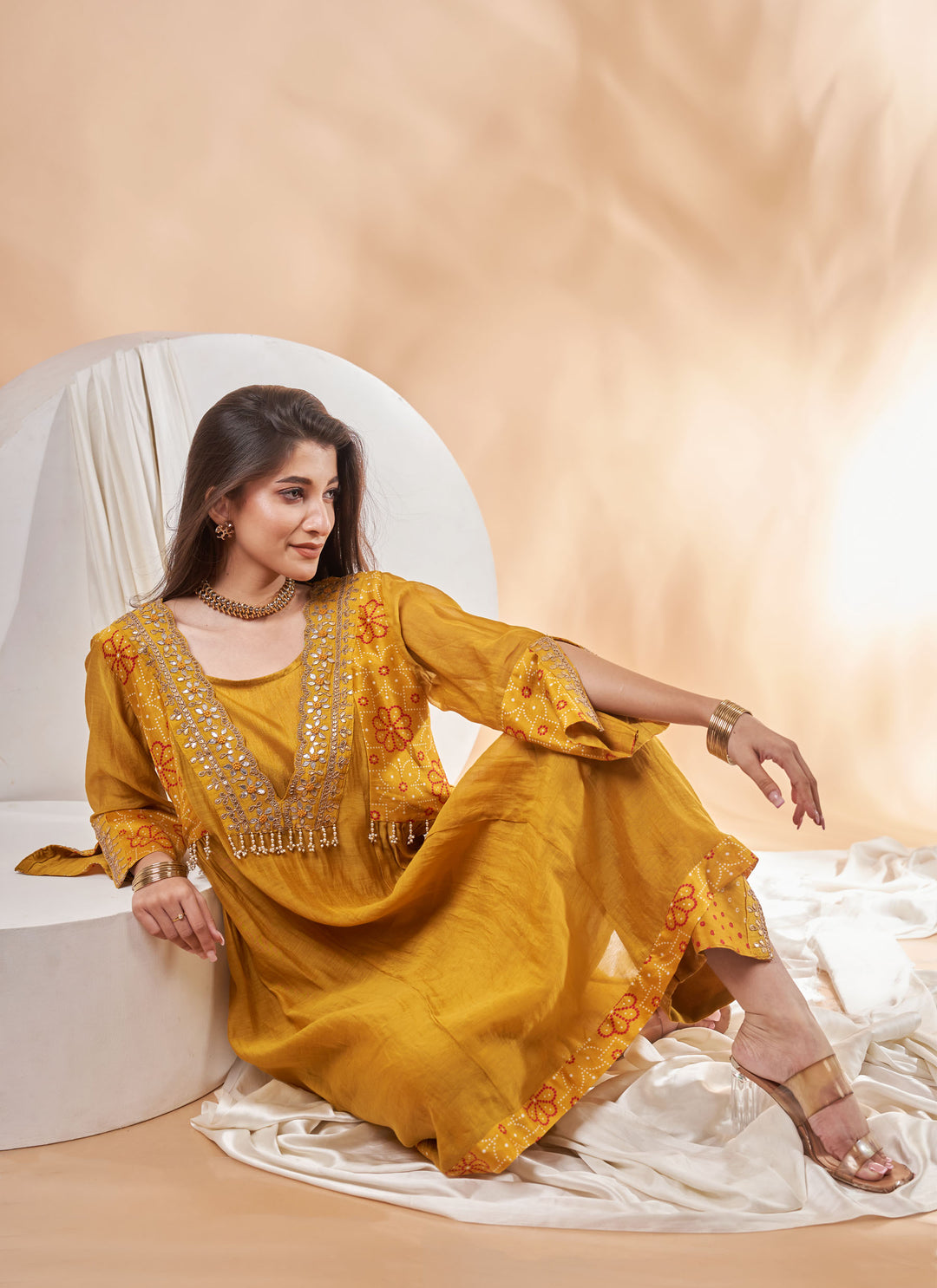 Marigold Gota Embroidered Kurta Set – mustard yellow chanderi kurta set with gota patti work | House of Moyra