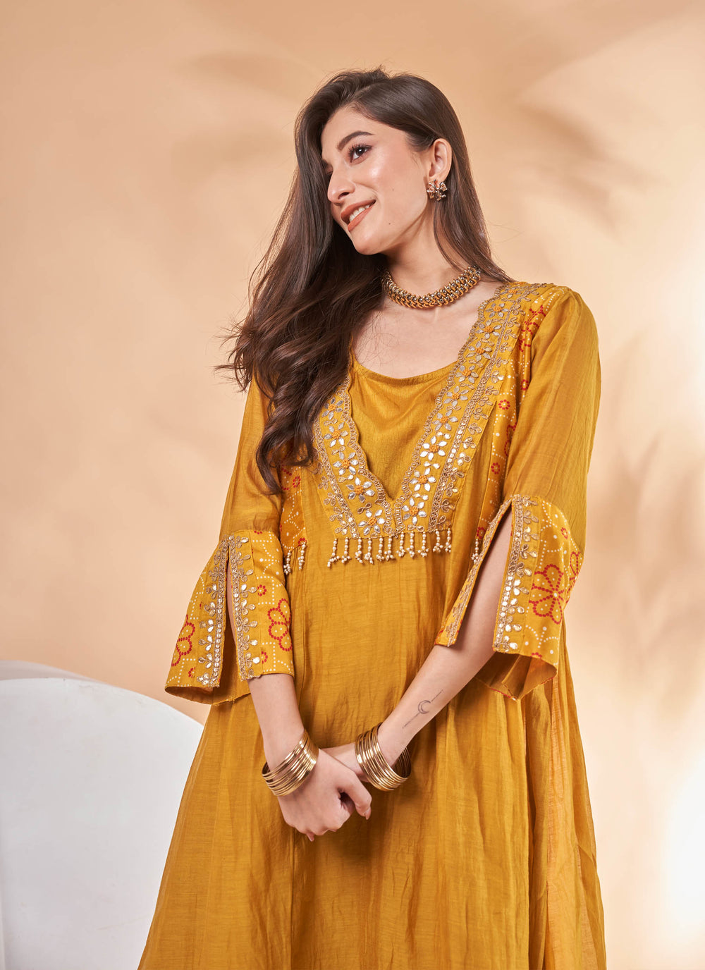 Marigold Gota Embroidered Kurta Set – mustard yellow chanderi kurta set with gota patti work, view 2