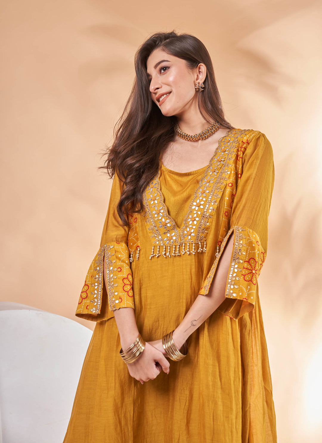 Marigold Gota Embroidered Kurta Set – mustard yellow chanderi kurta set with gota patti work, view 2