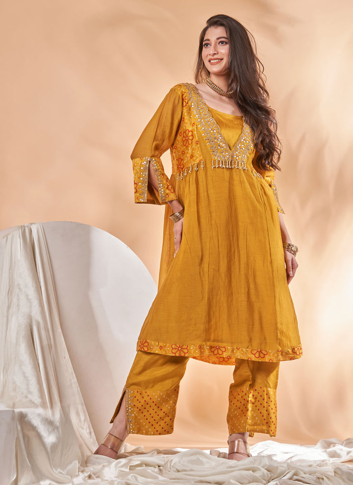 Marigold Gota Embroidered Kurta Set – mustard yellow chanderi kurta set with gota patti work, view 3