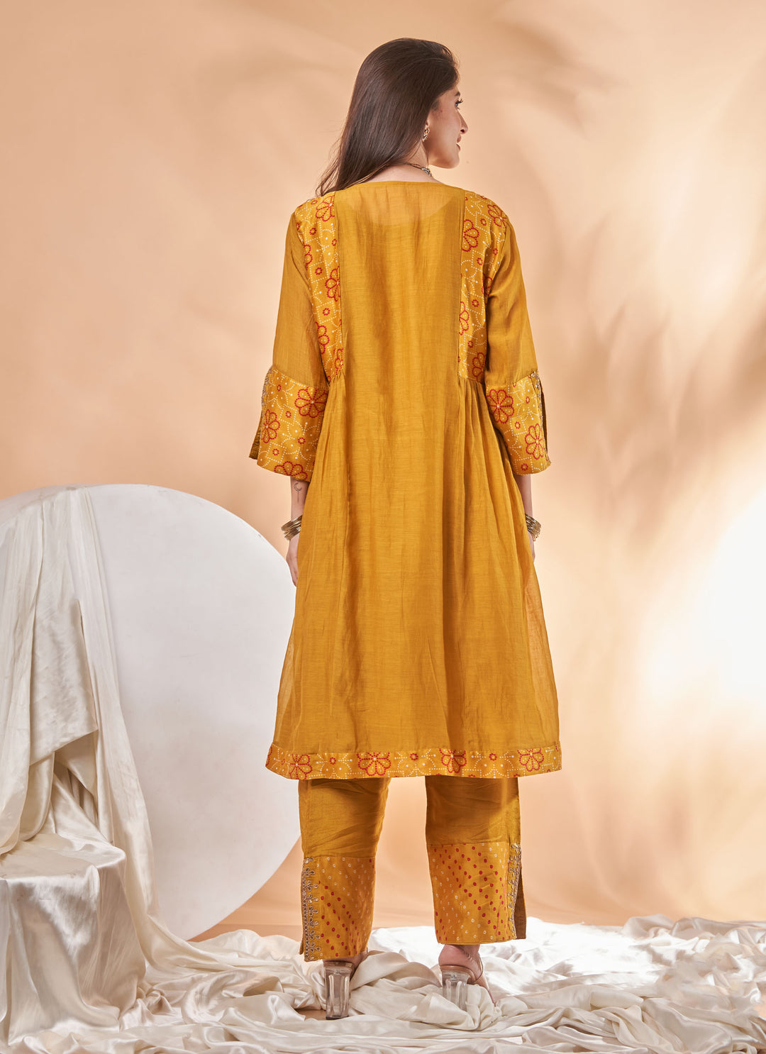 Marigold Gota Embroidered Kurta Set – mustard yellow chanderi kurta set with gota patti work, view 5