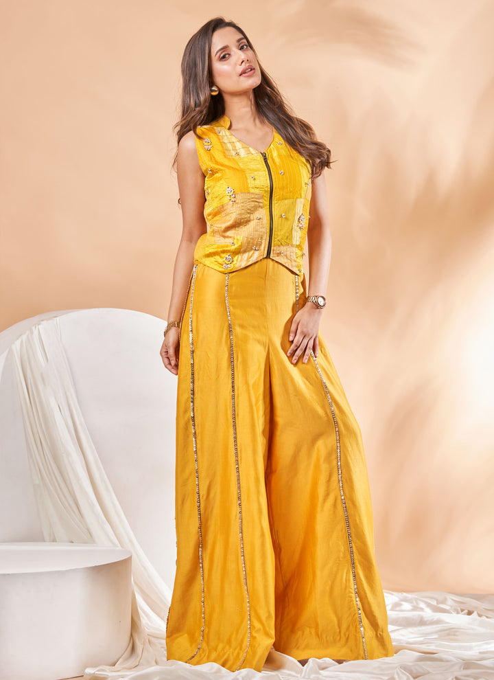 Marigold Patchwork Jacket with Jumpsuit – mango yellow chanderi silk jumpsuit with patchwork jacket, view 3