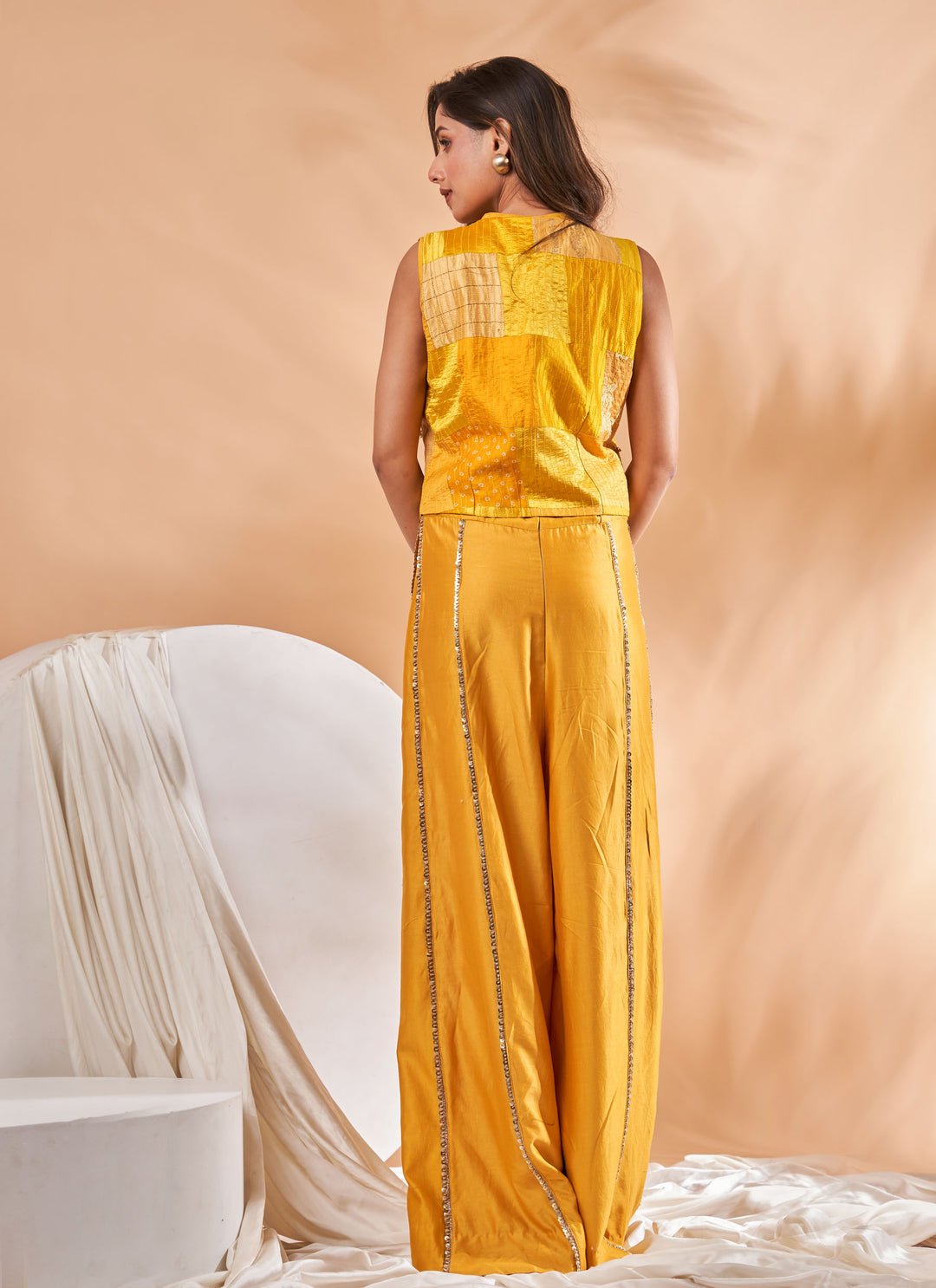 Marigold Patchwork Jacket with Jumpsuit – mango yellow chanderi silk jumpsuit with patchwork jacket, view 4