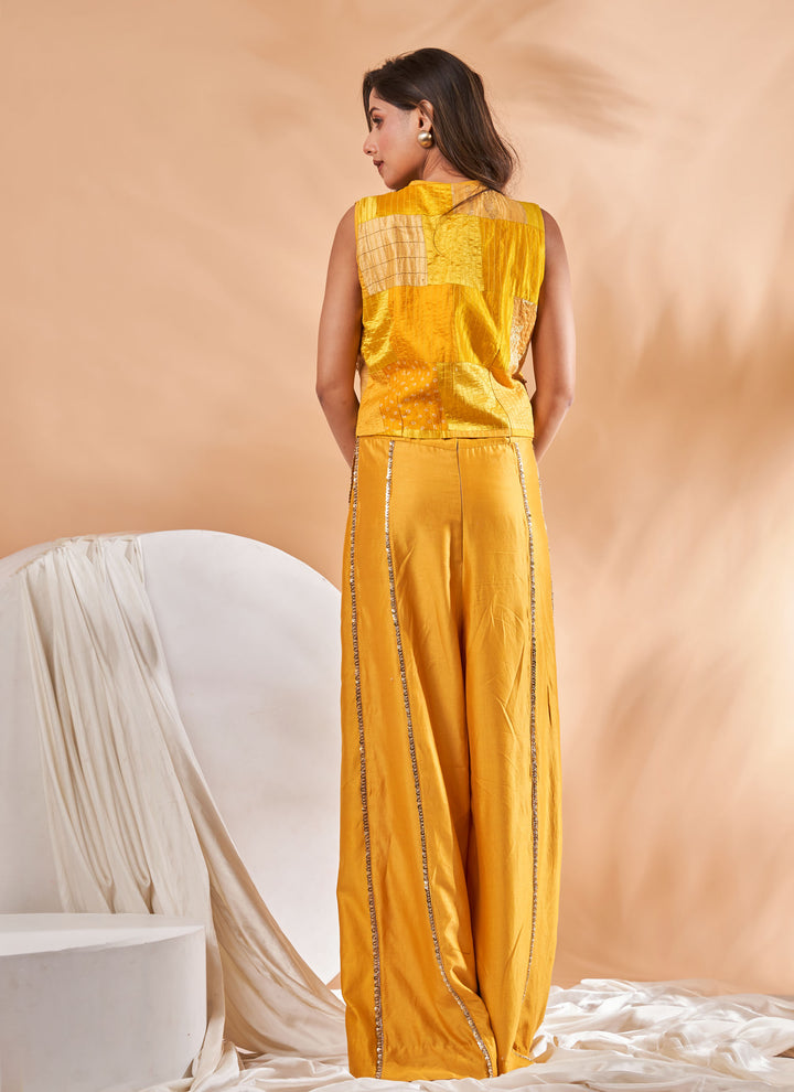Marigold Patchwork Jacket with Jumpsuit – mango yellow chanderi silk jumpsuit with patchwork jacket, view 4
