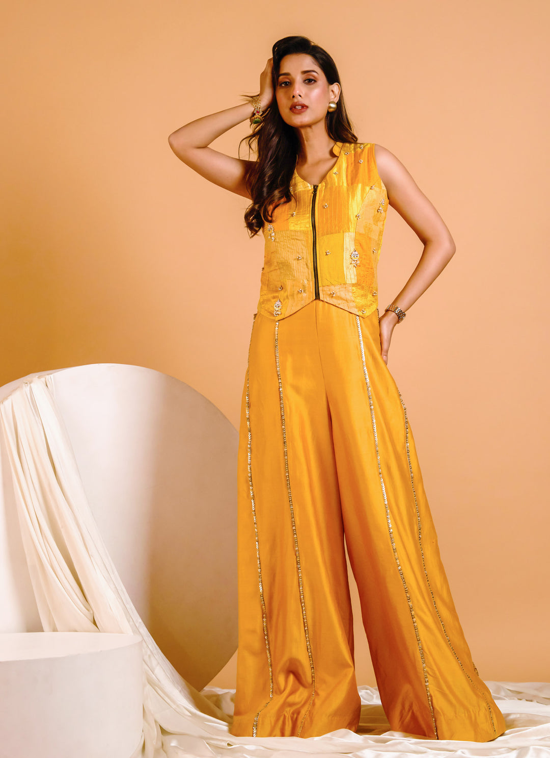 Marigold Patchwork Jacket with Jumpsuit – mango yellow chanderi silk jumpsuit with patchwork jacket, view 5