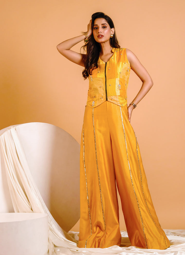 Marigold Patchwork Jacket with Jumpsuit – mango yellow chanderi silk jumpsuit with patchwork jacket, view 5