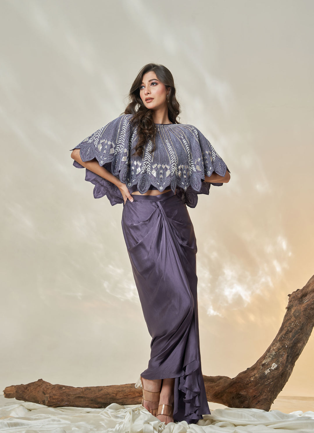 Midnight Blue Cutwork Cape Set – midnight blue hand-embroidered organza cape with satin drape skirt | House of Moyra