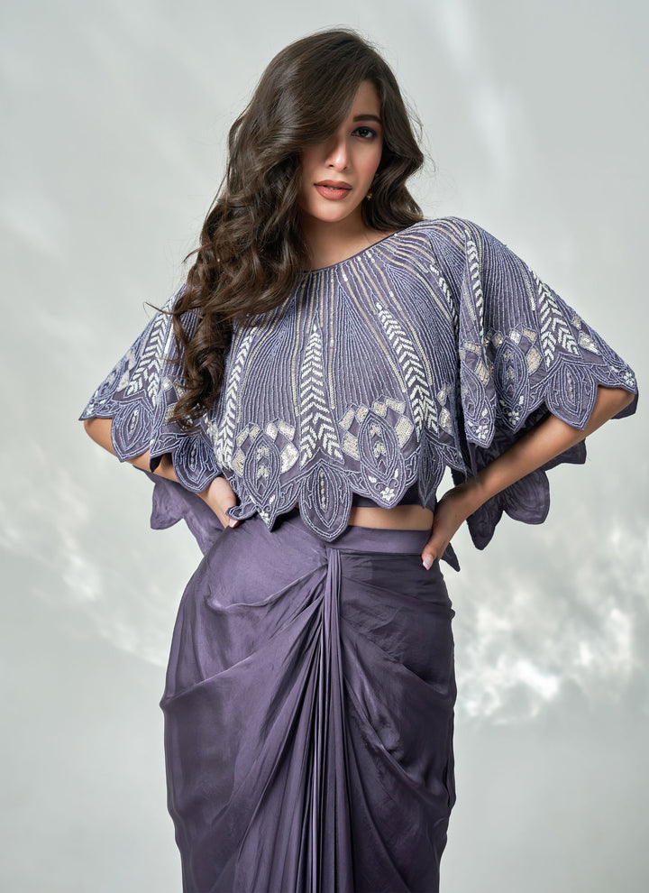 Midnight Blue Cutwork Cape Set – midnight blue hand-embroidered organza cape with satin drape skirt, view 2