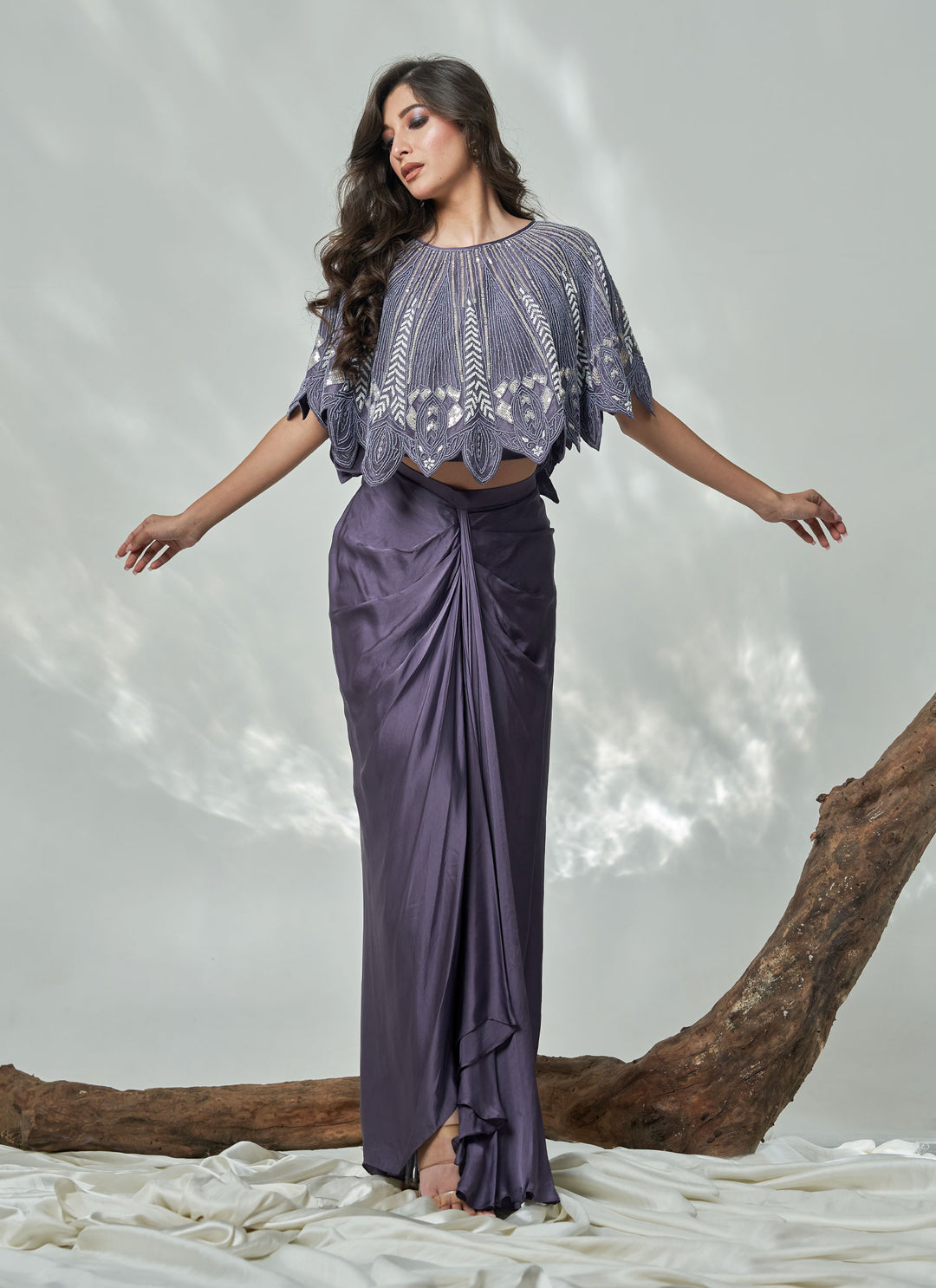 Midnight Blue Cutwork Cape Set – midnight blue hand-embroidered organza cape with satin drape skirt, view 3