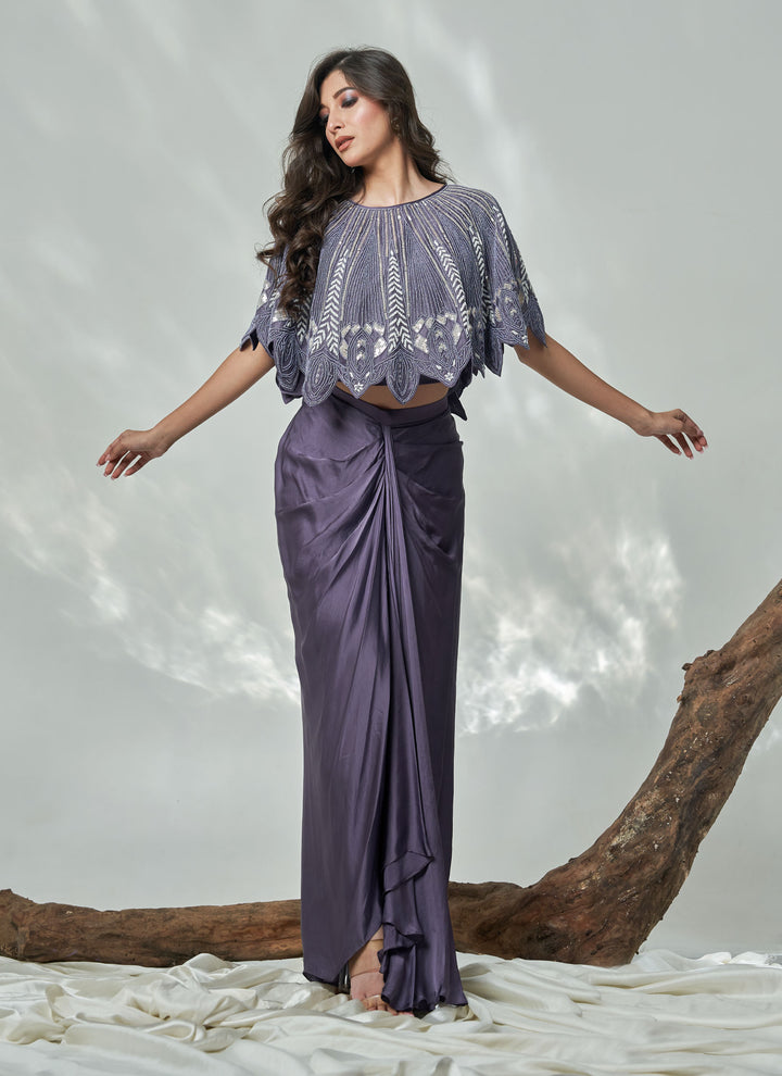 Midnight Blue Cutwork Cape Set – midnight blue hand-embroidered organza cape with satin drape skirt, view 3