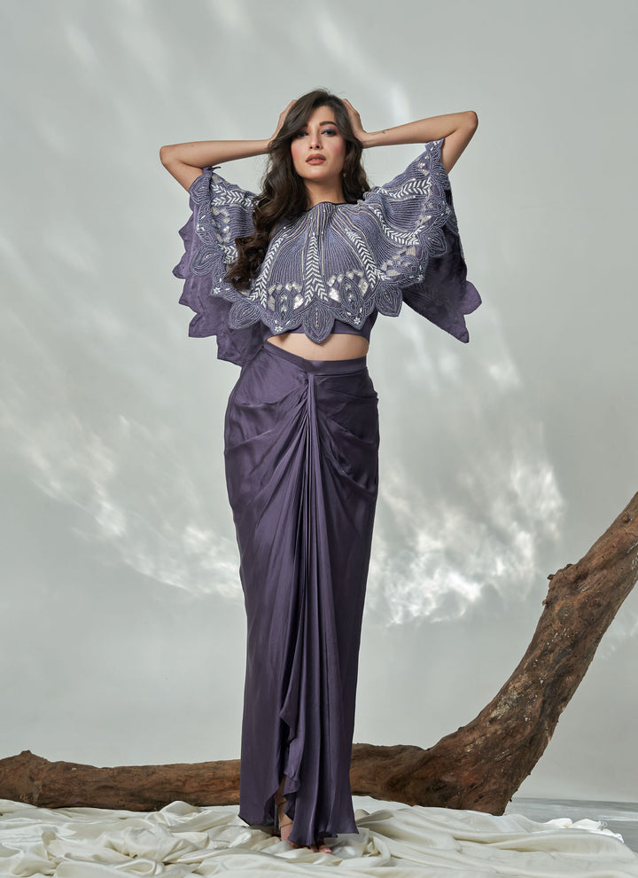 Midnight Blue Cutwork Cape Set – midnight blue hand-embroidered organza cape with satin drape skirt, view 4