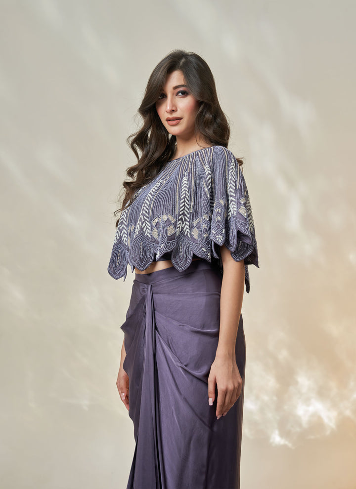 Midnight Blue Cutwork Cape Set – midnight blue hand-embroidered organza cape with satin drape skirt, view 5