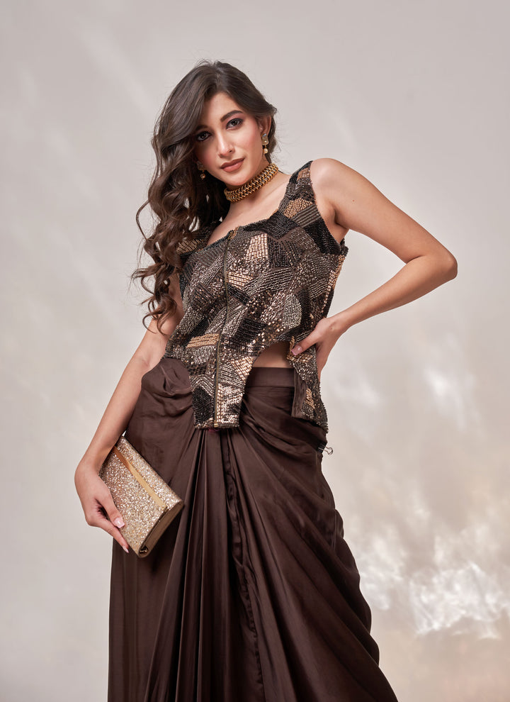 Mocha Sitara Drape Skirt Set – chocolate brown cut dana net jacket with satin drape skirt | House of Moyra
