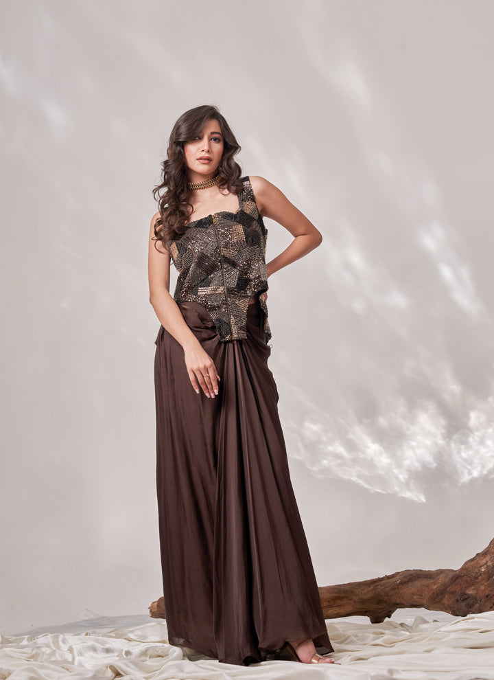 Mocha Sitara Drape Skirt Set – chocolate brown cut dana net jacket with satin drape skirt, view 2