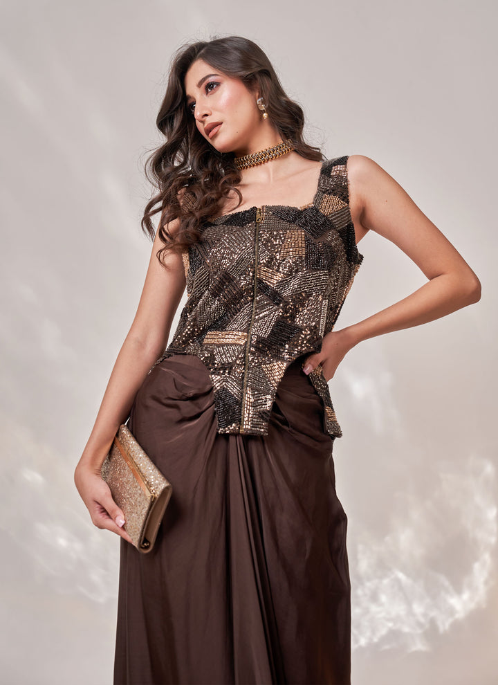Mocha Sitara Drape Skirt Set – chocolate brown cut dana net jacket with satin drape skirt, view 3