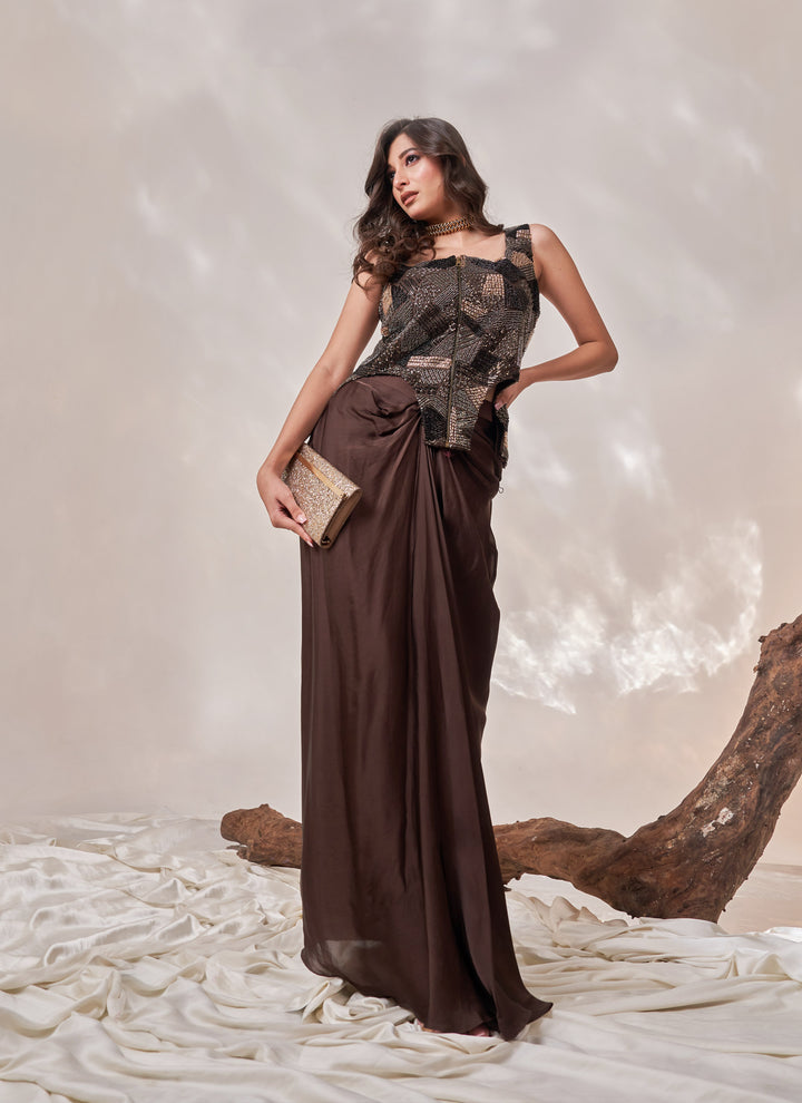 Mocha Sitara Drape Skirt Set – chocolate brown cut dana net jacket with satin drape skirt, view 4