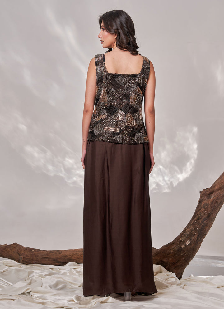 Mocha Sitara Drape Skirt Set – chocolate brown cut dana net jacket with satin drape skirt, view 5