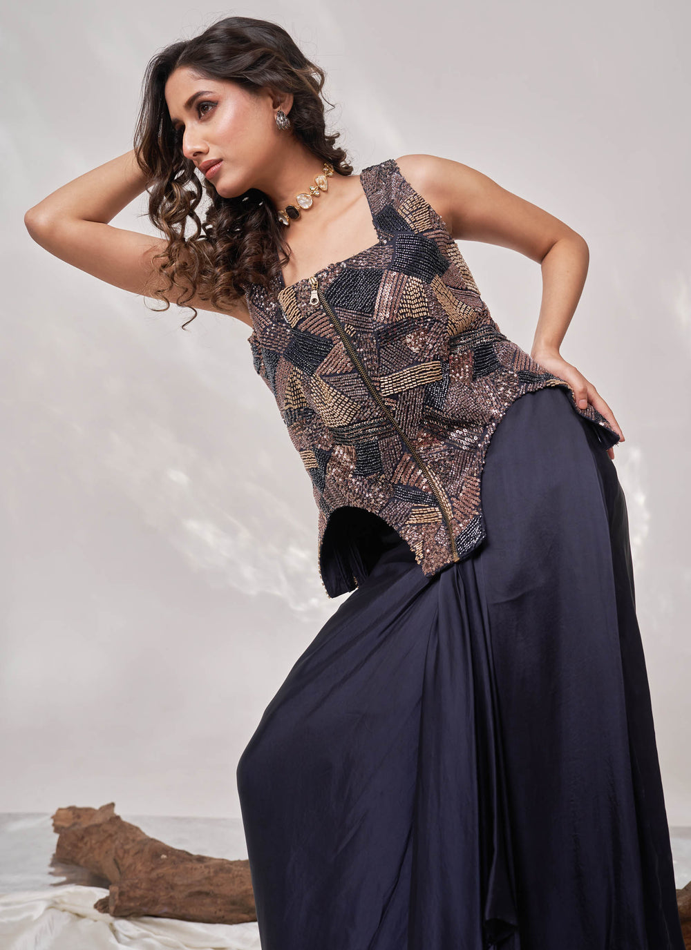Navy Sitara Drape Skirt Set – navy cut dana net jacket with satin drape skirt, view 2