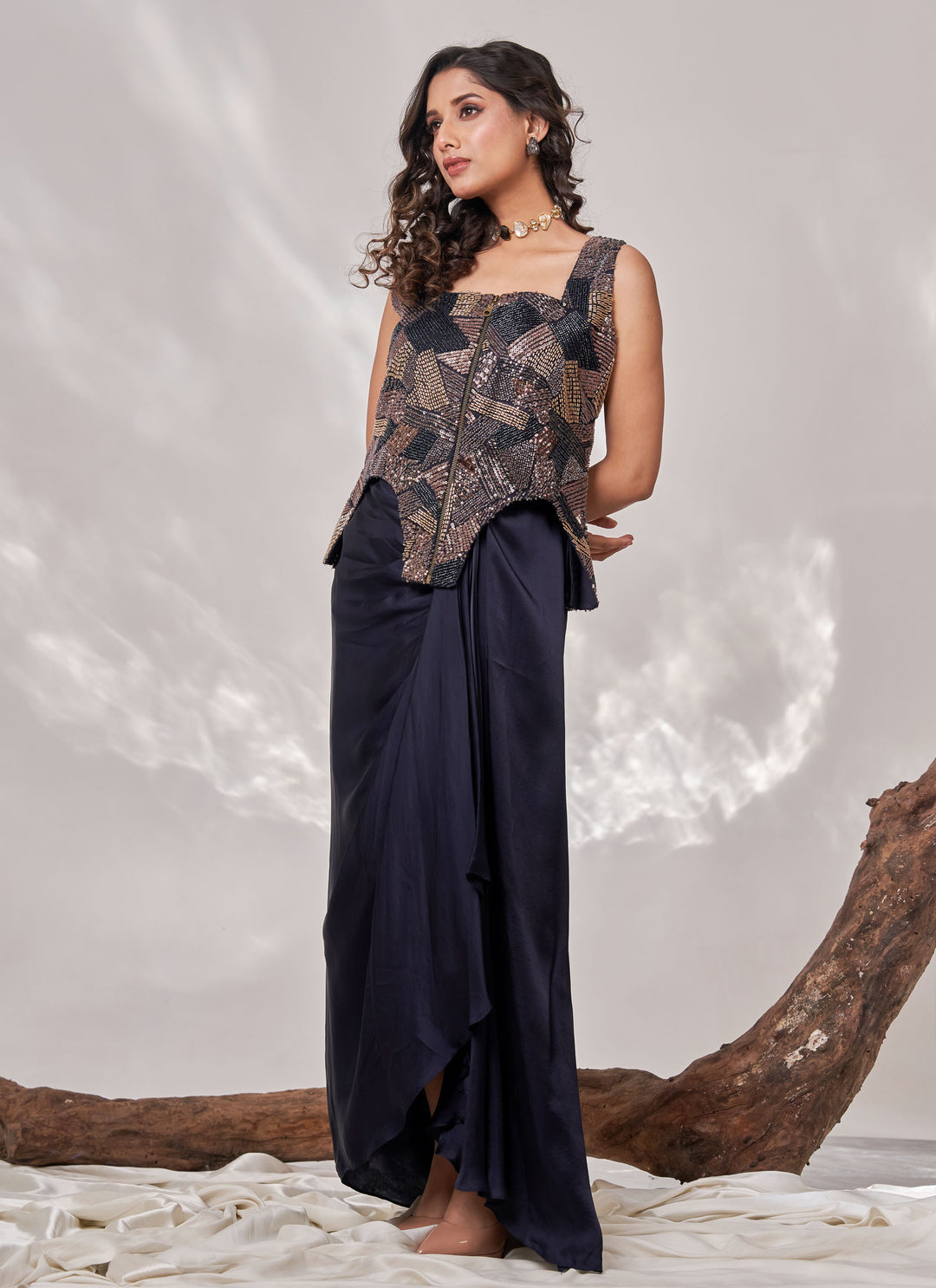 Navy Sitara Drape Skirt Set – navy cut dana net jacket with satin drape skirt, view 3