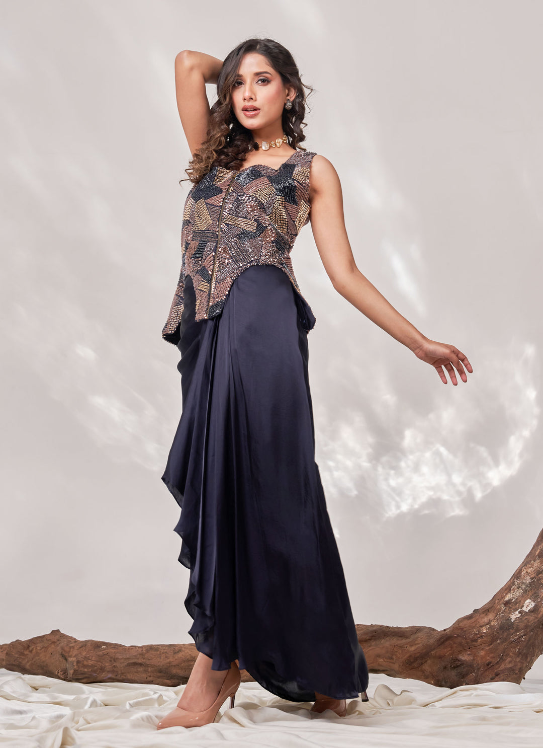 Navy Sitara Drape Skirt Set – navy cut dana net jacket with satin drape skirt, view 4