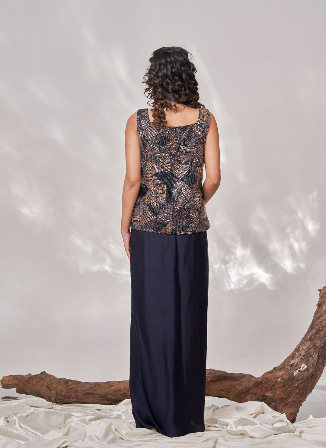 Navy Sitara Drape Skirt Set – navy cut dana net jacket with satin drape skirt, view 5
