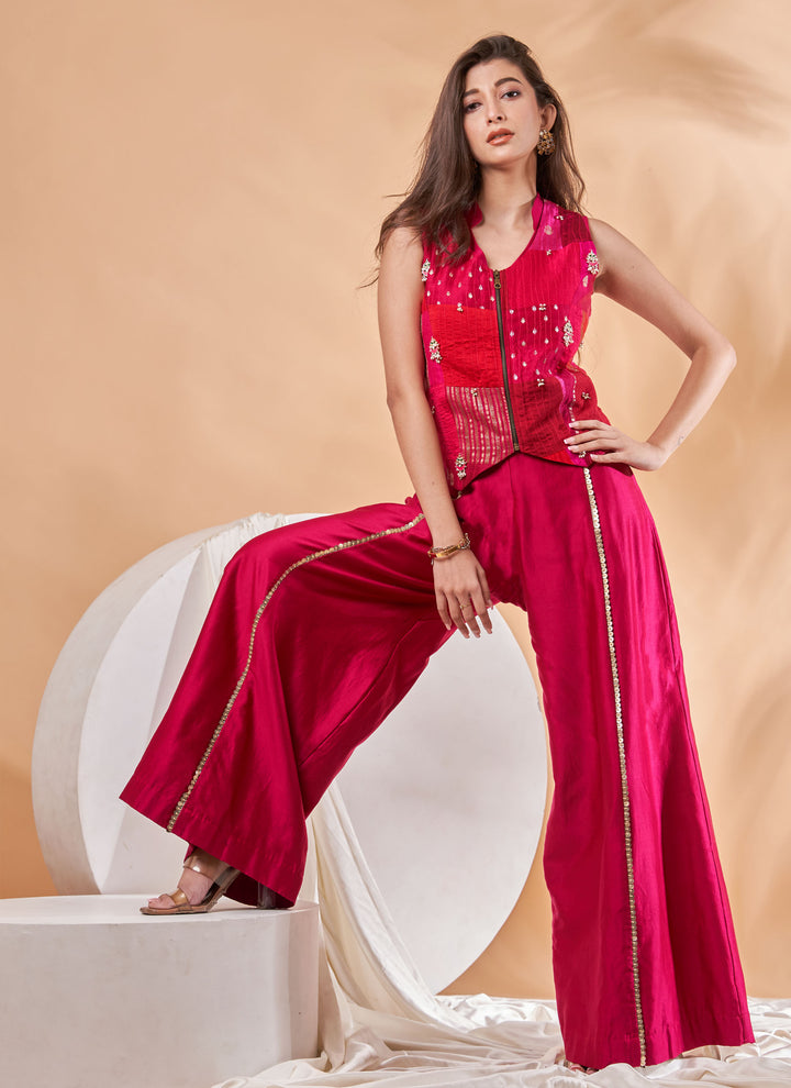 Rani Patchwork Jacket with Jumpsuit – fuchsia chanderi silk jumpsuit with patchwork jacket | House of Moyra