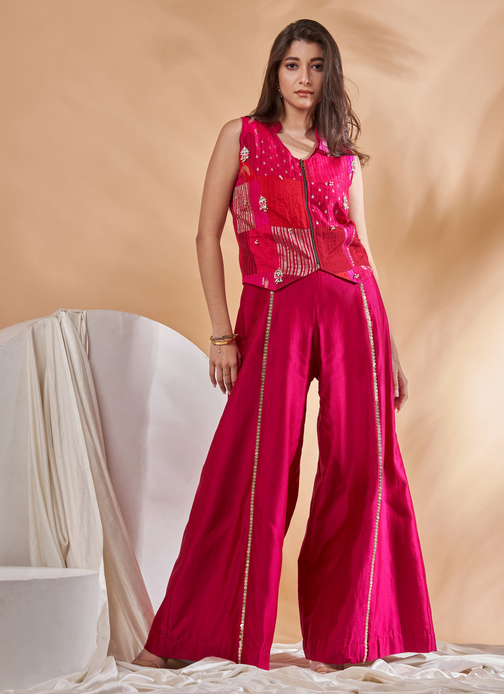 Rani Patchwork Jacket with Jumpsuit – fuchsia chanderi silk jumpsuit with patchwork jacket, view 2
