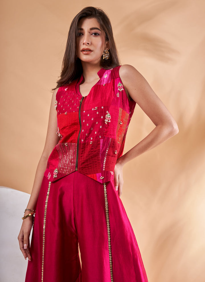 Rani Patchwork Jacket with Jumpsuit – fuchsia chanderi silk jumpsuit with patchwork jacket, view 3