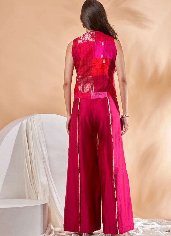 Rani Patchwork Jacket with Jumpsuit – fuchsia chanderi silk jumpsuit with patchwork jacket, view 4