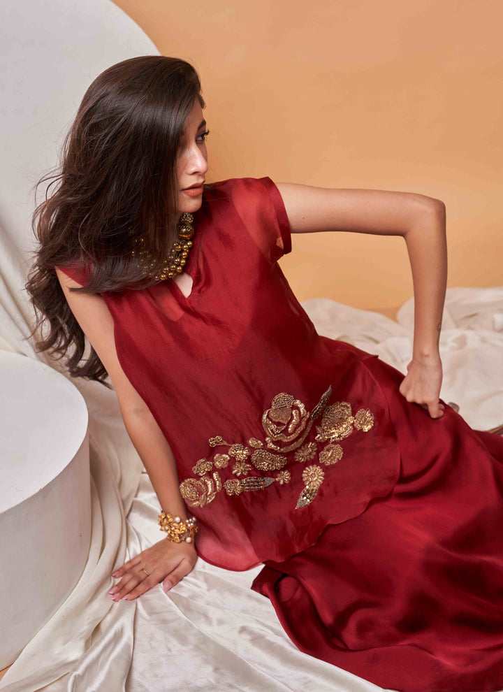 Ruby Zardozi Skirt Set – deep red organza zardozi top with satin skirt | House of Moyra