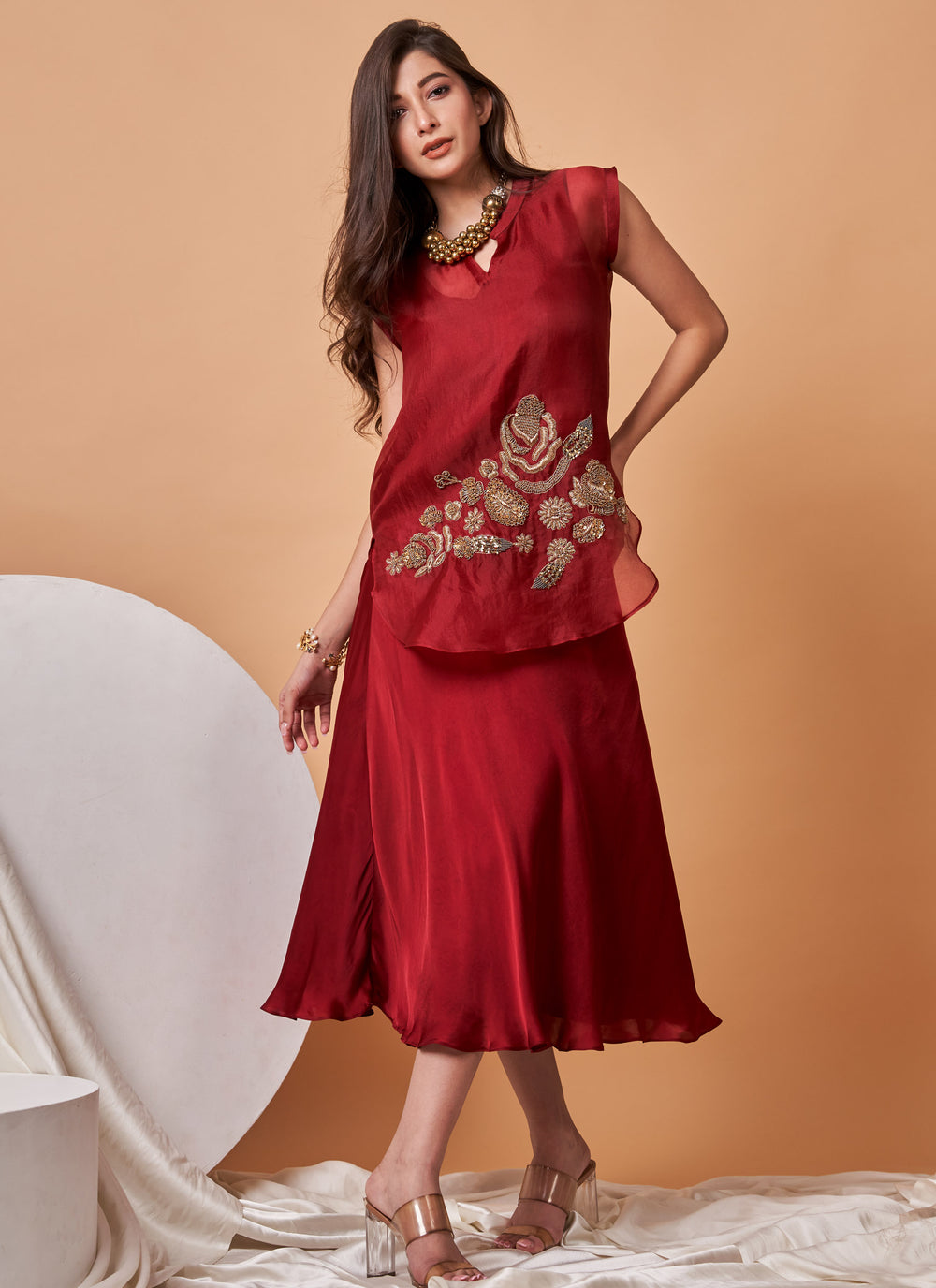 Ruby Zardozi Skirt Set – deep red organza zardozi top with satin skirt, view 2