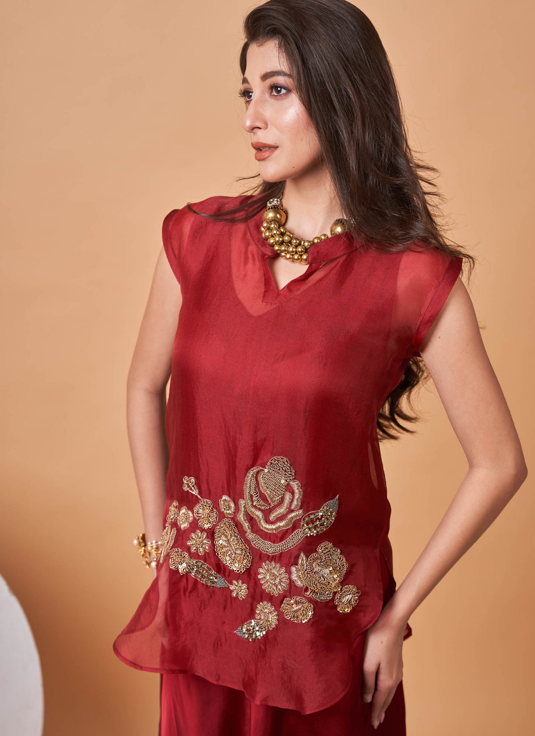 Ruby Zardozi Skirt Set – deep red organza zardozi top with satin skirt, view 3